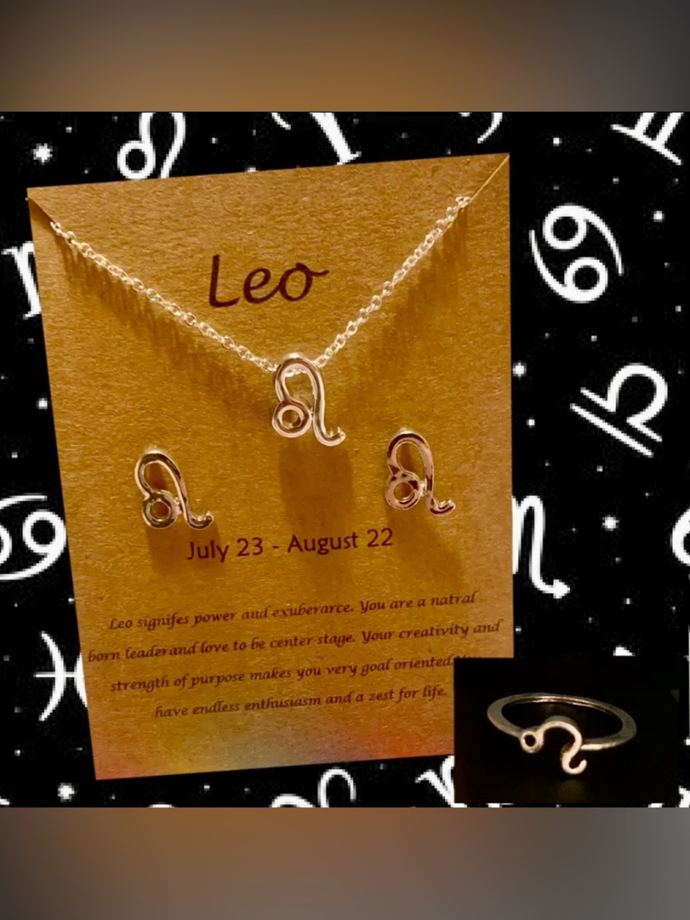 Leo Zodiac Necklace, Stud Earrings & Ring Set ♌️